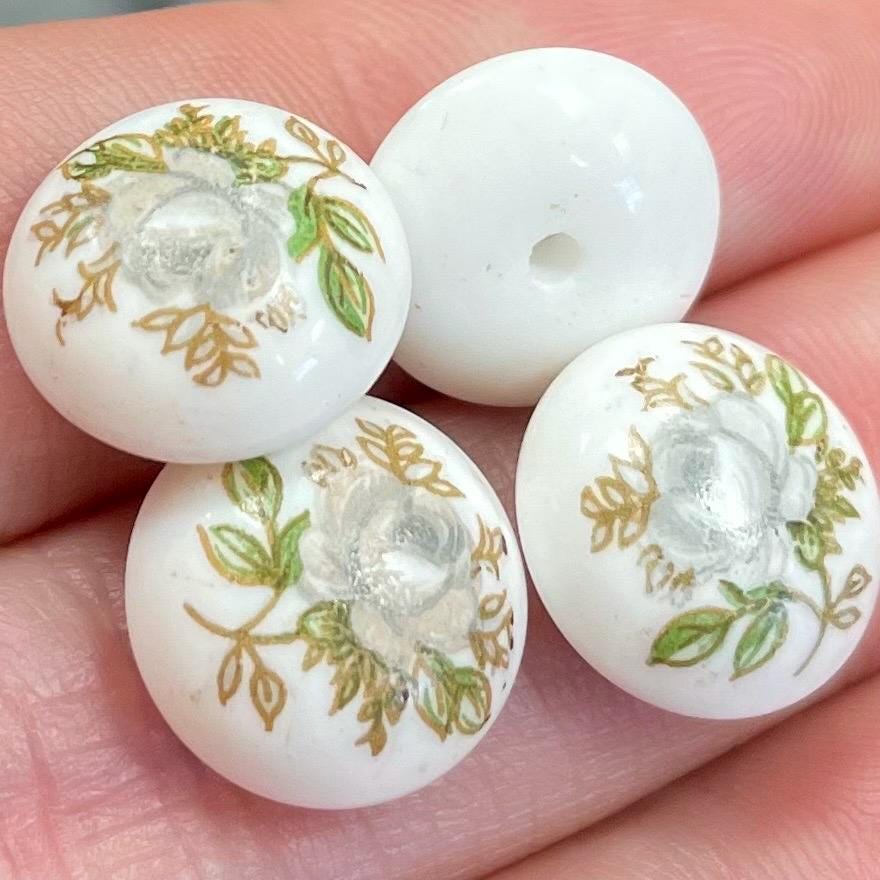 4 Vintage White Japan Rose Floral Glass Button Fronts