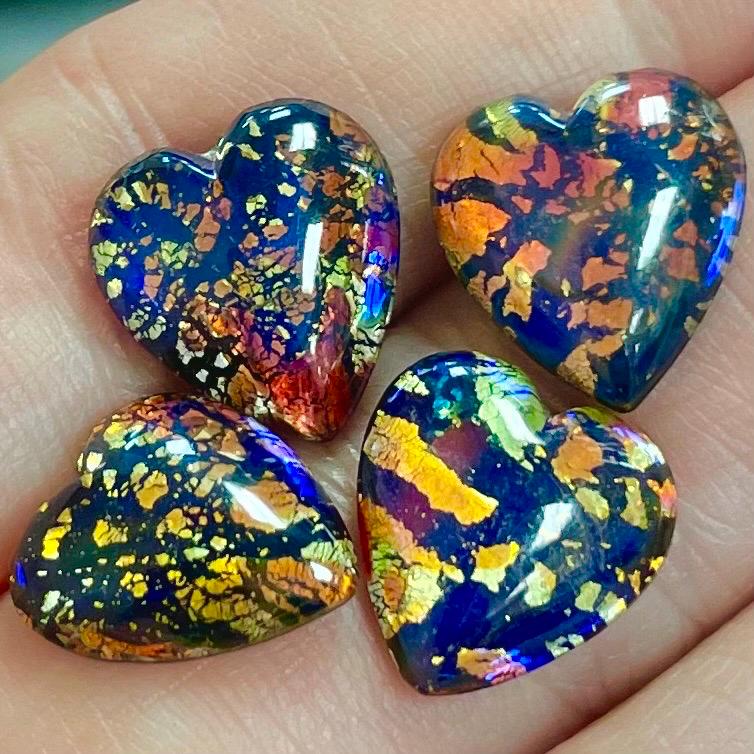 4 Vintage Blue Japan Foil Heart Glass Cabochons