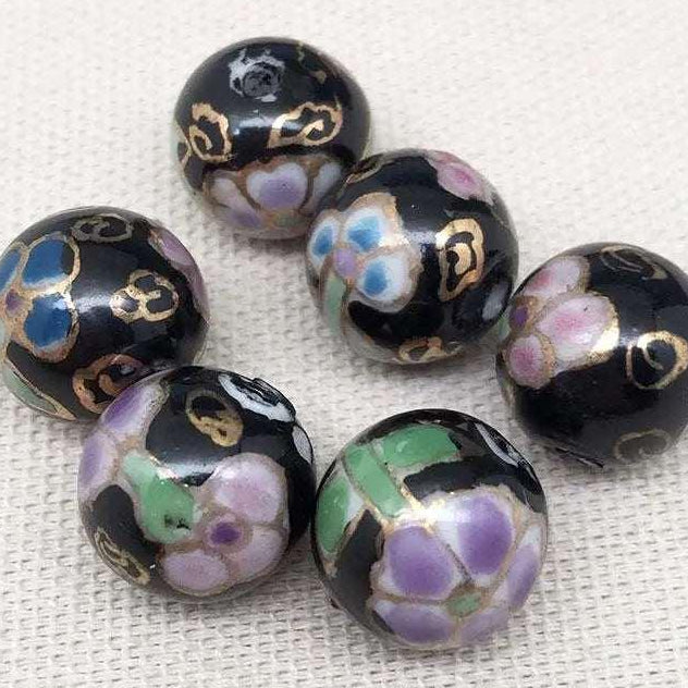 10 Vintage Black Floral Porcelain Beads