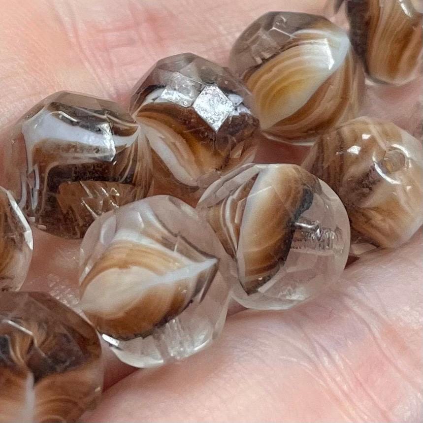 10 Brown Striped Czech Faceted Glass Beads