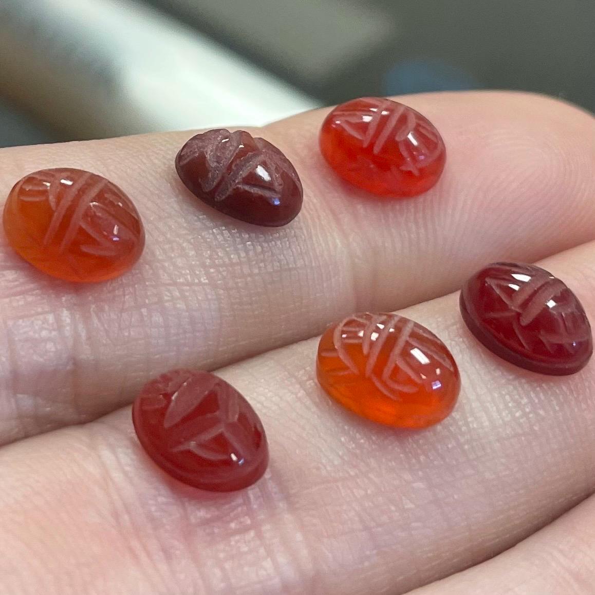 6 Vintage Carnelian Gemstone Scarab Oval Glass Cabochons
