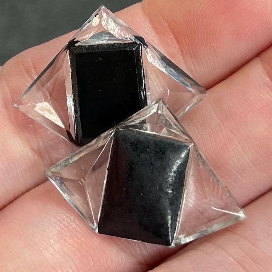 4 Vintage Black Clear Deco Era Glass Stones #9130