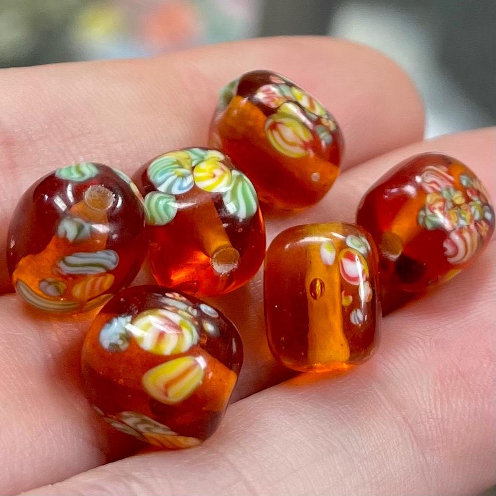 6 Vintage Amber Japan Millefiori Cube Glass Beads