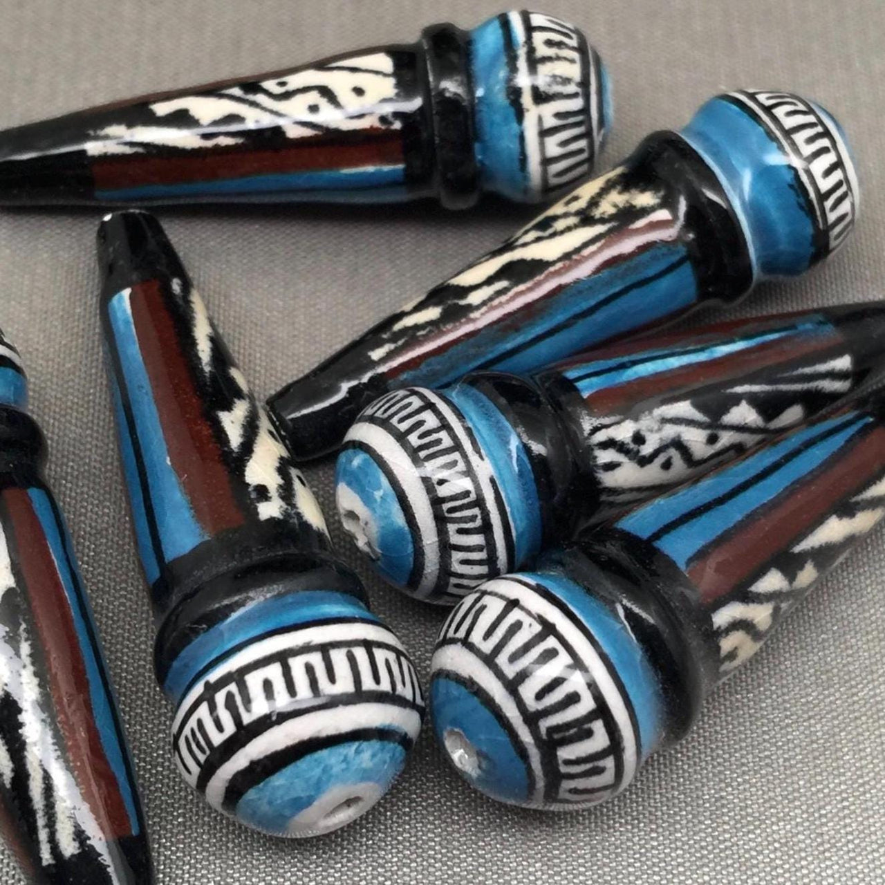 2 Vintage Black Blue Brown Peruvian Teardrop Beads