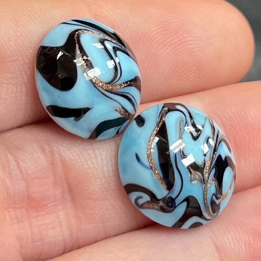 2 Vintage Blue Turquoise Japan Swirly Round Glass Cabochons