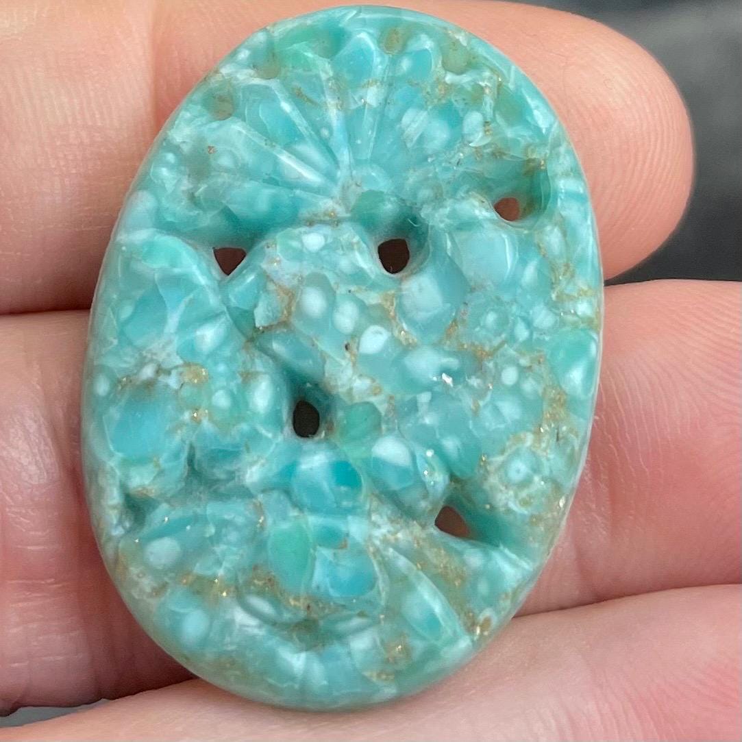 1 Vintage Green Turquoise Japan Mottled Oval Glass Cabochon