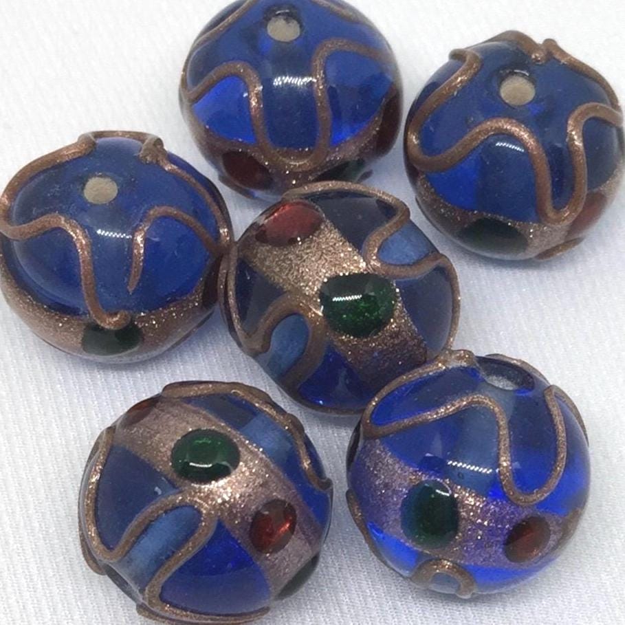 6 Vintage Blue Mixed Abstract Round Glass Beads