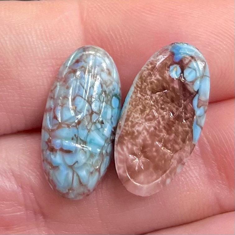 2 Vintage Blue Turquoise Mottled Scarab Glass Cabochons