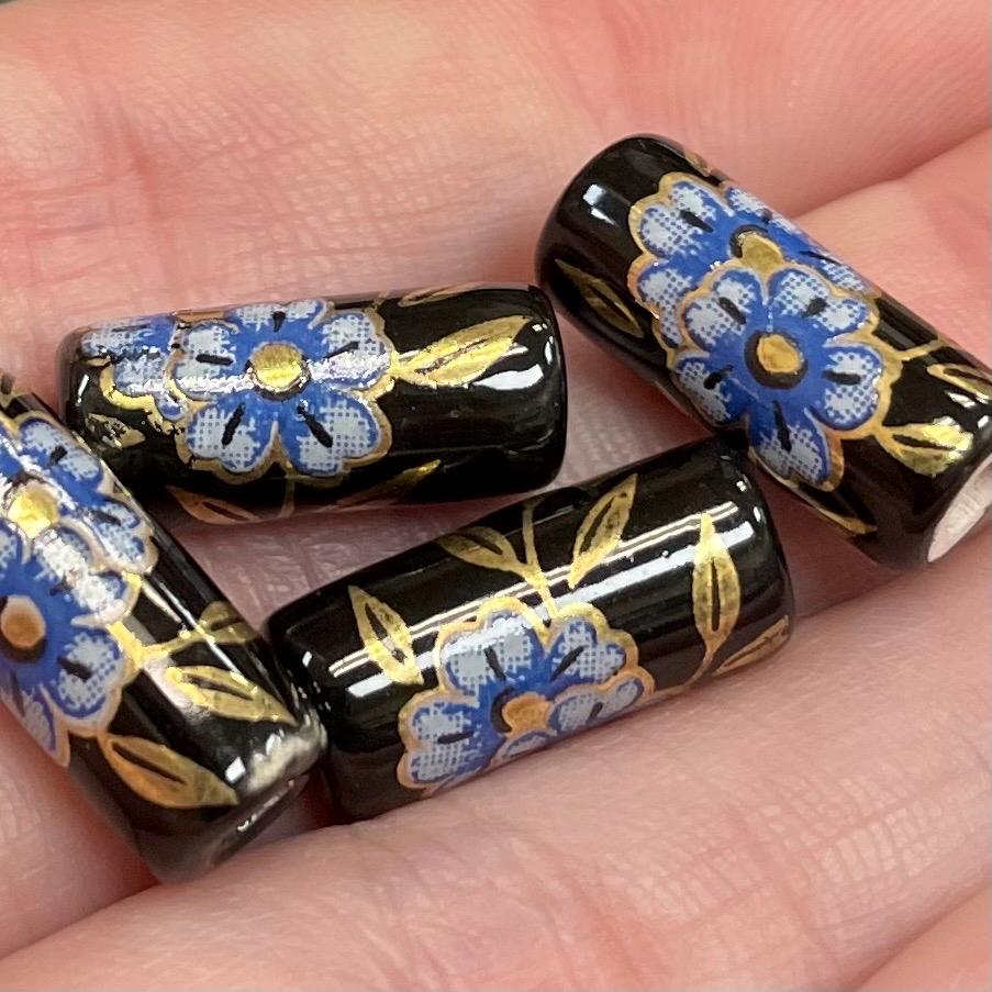 4 Vintage Black Japan Floral Porcelain Tube Beads #9603