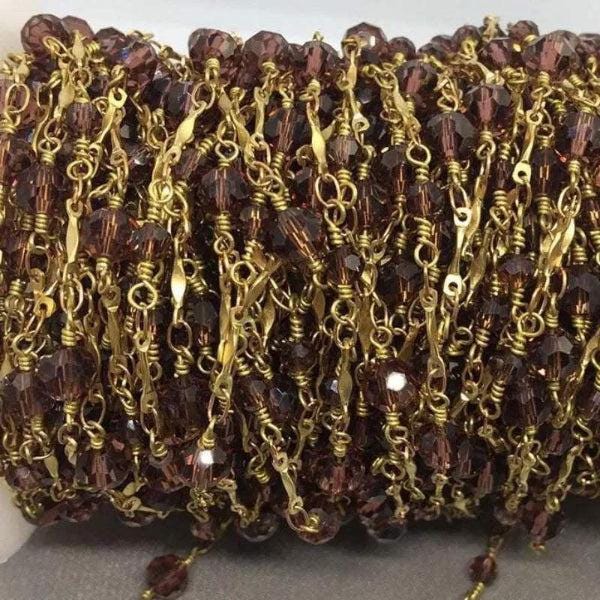 1 Foot Vintage Brass Cranberry Amethyst Beaded Crystal Chain