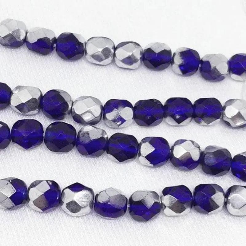 100 Vintage Blue Cobalt Silver Czech Fire Polished Glass Beads
