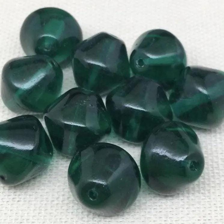 10 Vintage Green Emerald German Bicone Glass Beads