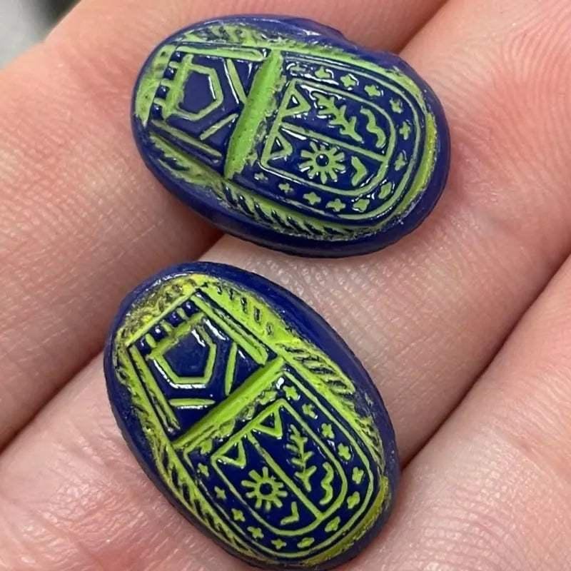 4 Vintage Blue Scarab Egyptian Glass Cabochons