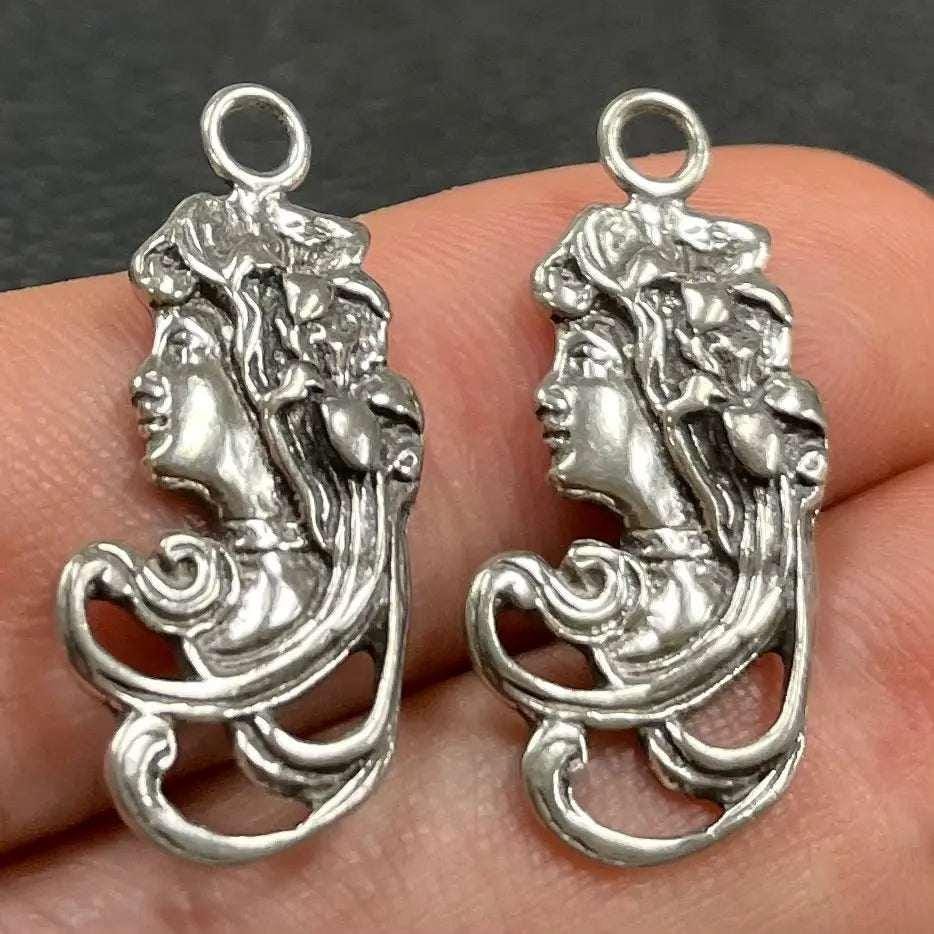 2 Vintage Pewter Victorian Lady Pendants