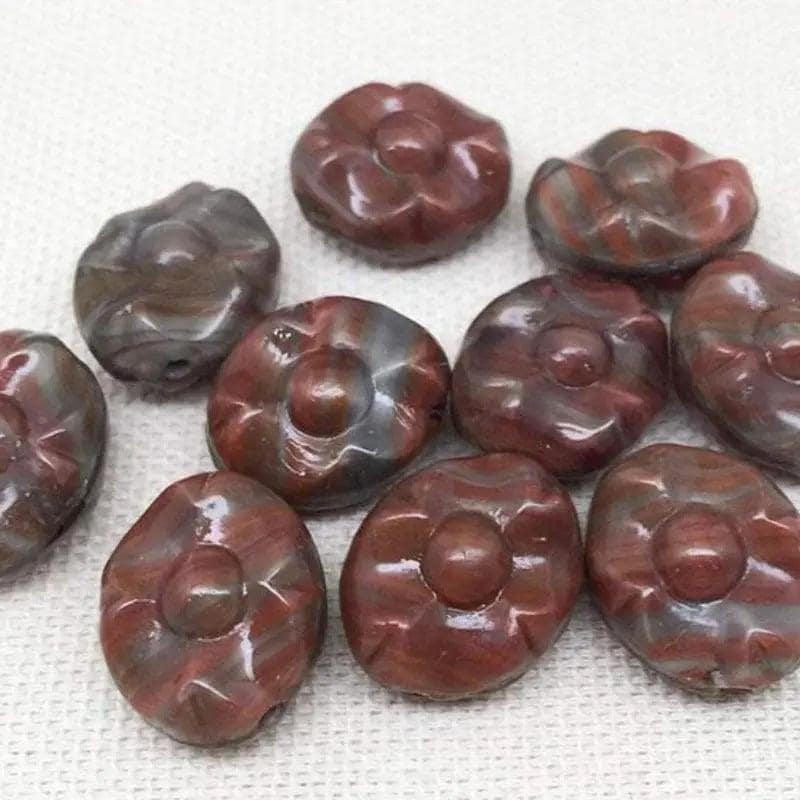 10 Vintage Brown Grey German Pressed Oval Glass Beads