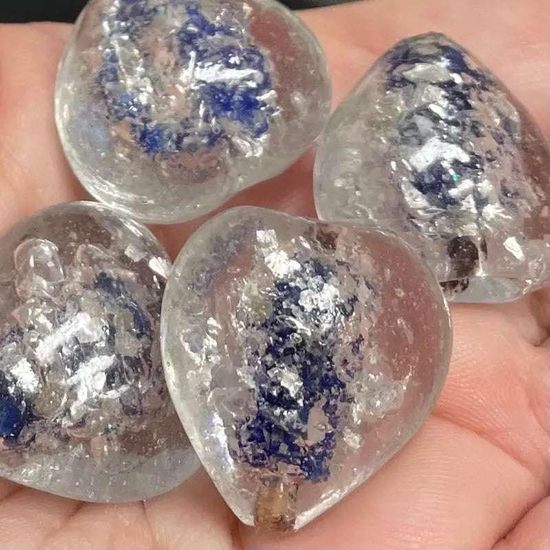 4 Vintage Blue Clear Silver Foil Heart Glass Beads
