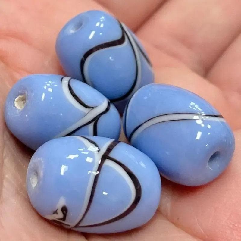 4 Vintage Blue Japan Striped Barrel Glass Beads