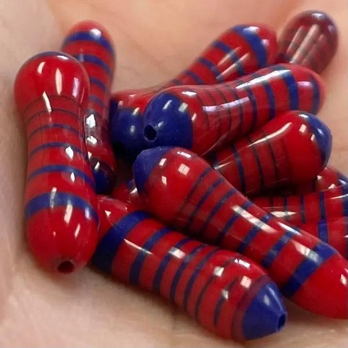 12 Vintage Red Blue Italian Striped Glass Beads
