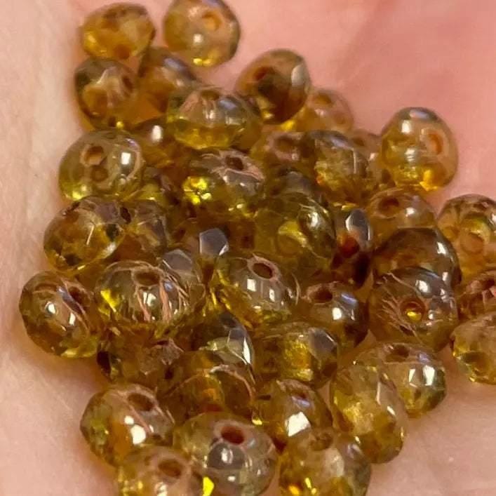 50 Brown Golden Czech Picasso Rondelle Glass Beads