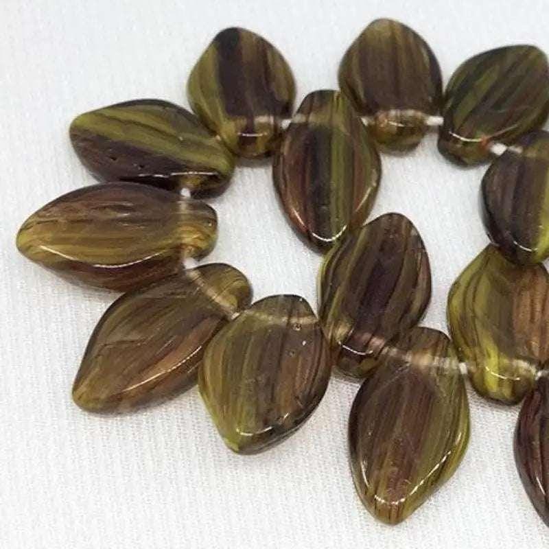 25 Brown Czech Striped Leaf Glass Beads