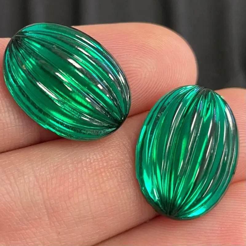 4 Vintage Emerald Ribbed Oval Glass Cabochons