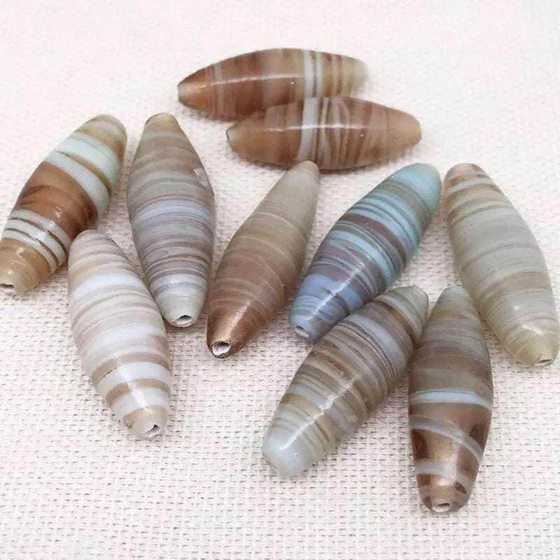 10 Vintage Brown Striped Oval Glass Beads