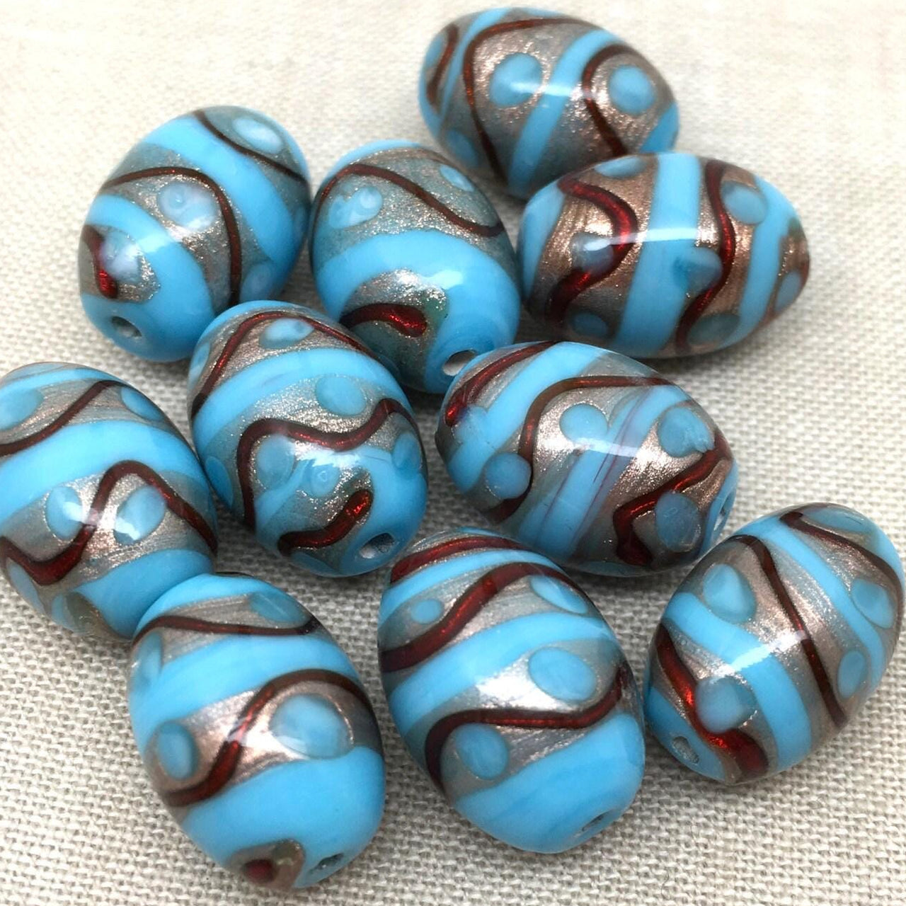 10 Vintage Blue Turquoise Striped Abstract Oval Glass Beads