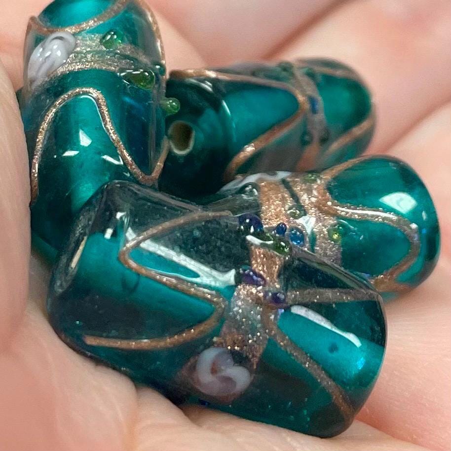 4 Vintage Green Aqua Venetian Style Cylindrical Glass Beads