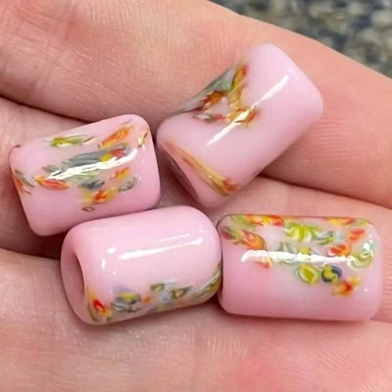 4 Vintage Pink Japan Millefiori Tube Glass Beads
