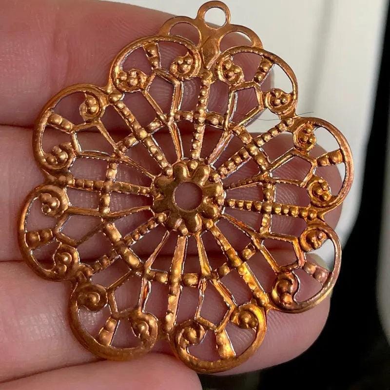 4 Vintage Copper Plated Filigree Large Pendants