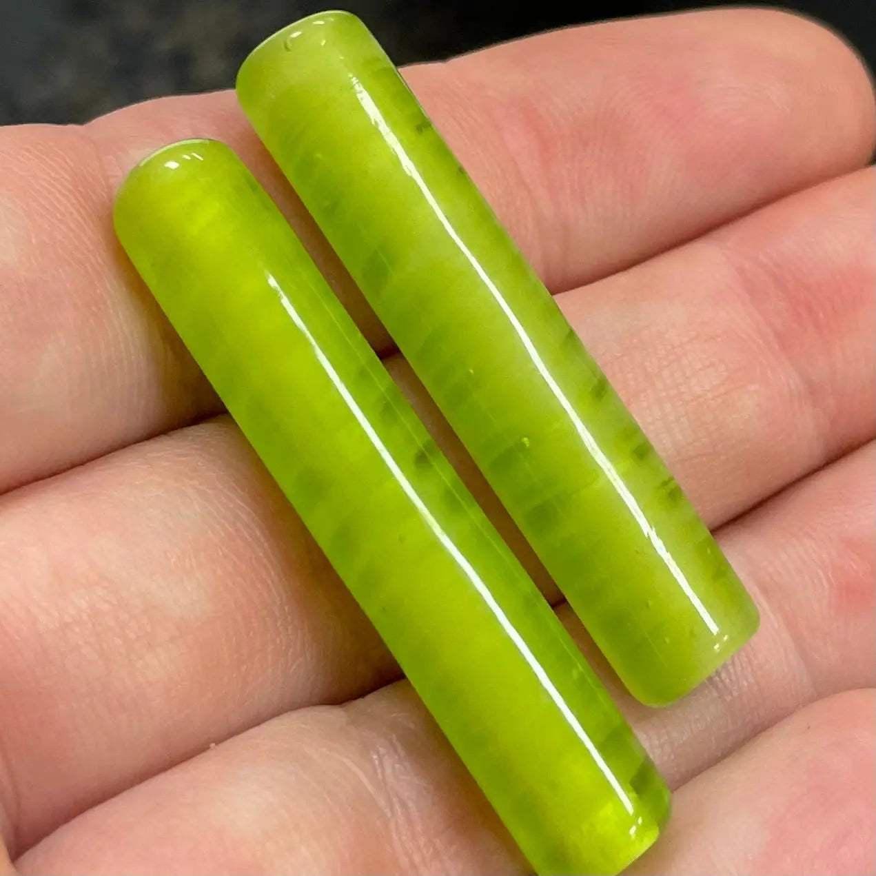 2 Vintage Green Lime Austrian Long Glass Tube Beads
