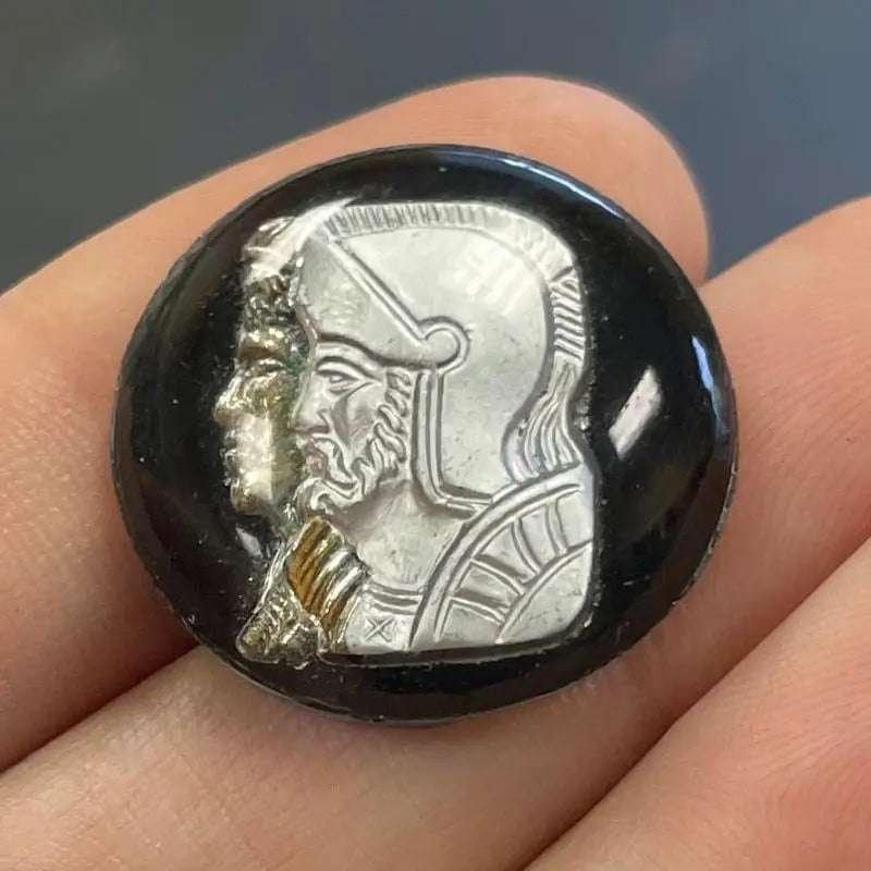 2 Vintage Black Knights Intaglio Round Glass Cabochons