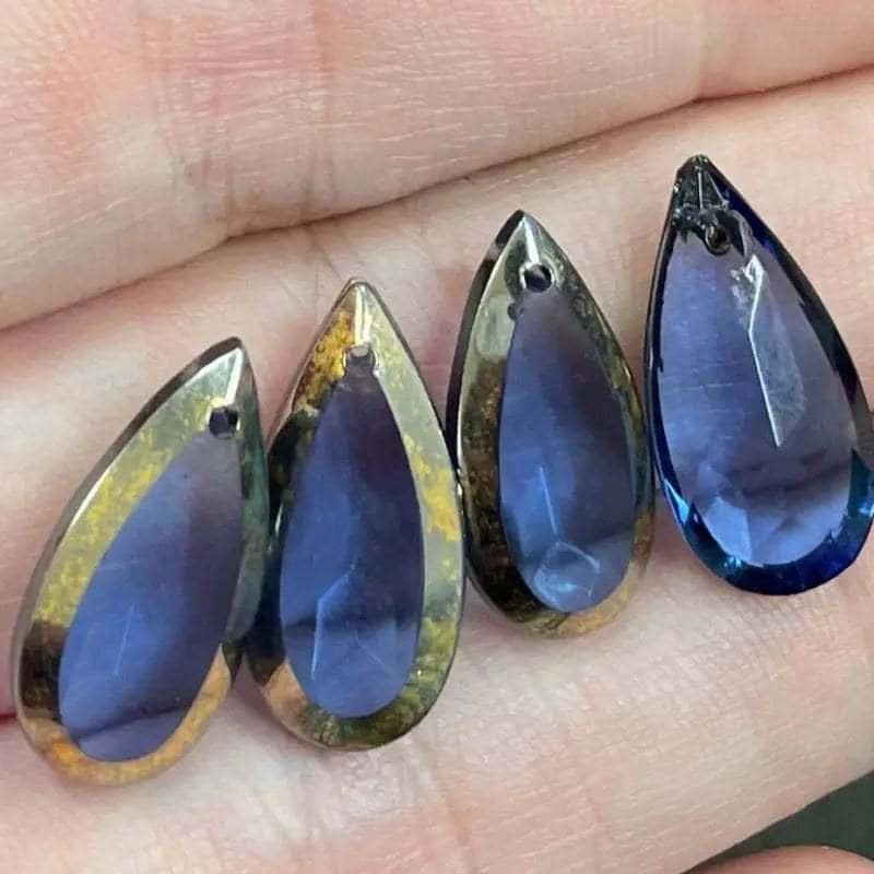 4 Vintage Blue Silver Lined Teardrop Glass Pendants