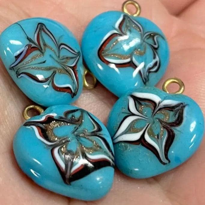 4 Vintage Blue Turquoise Floral Heart Glass Charms