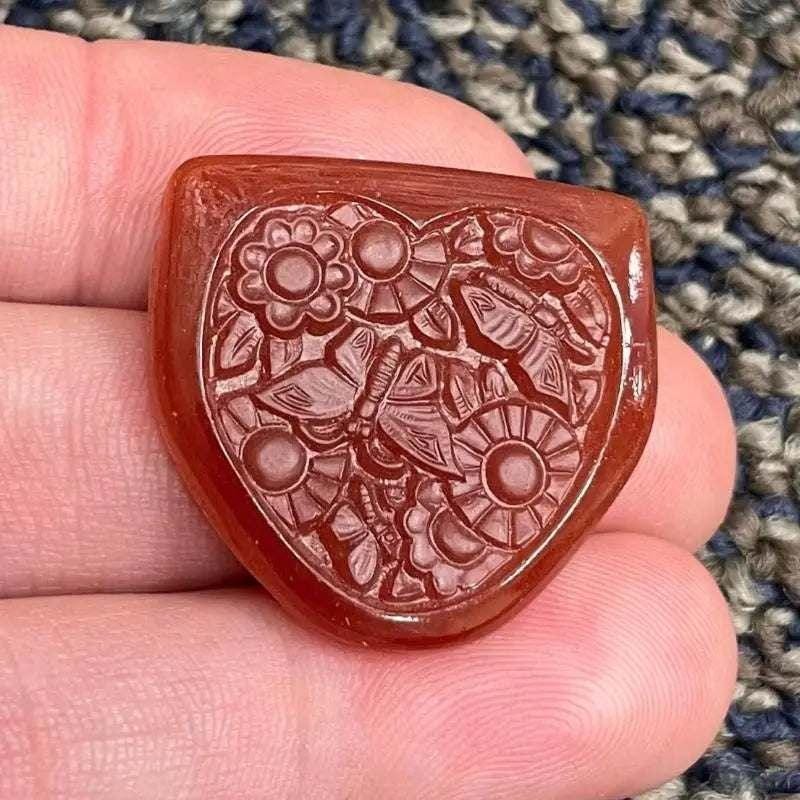 2 Vintage Carnelian Embossed Floral Glass Cabochons