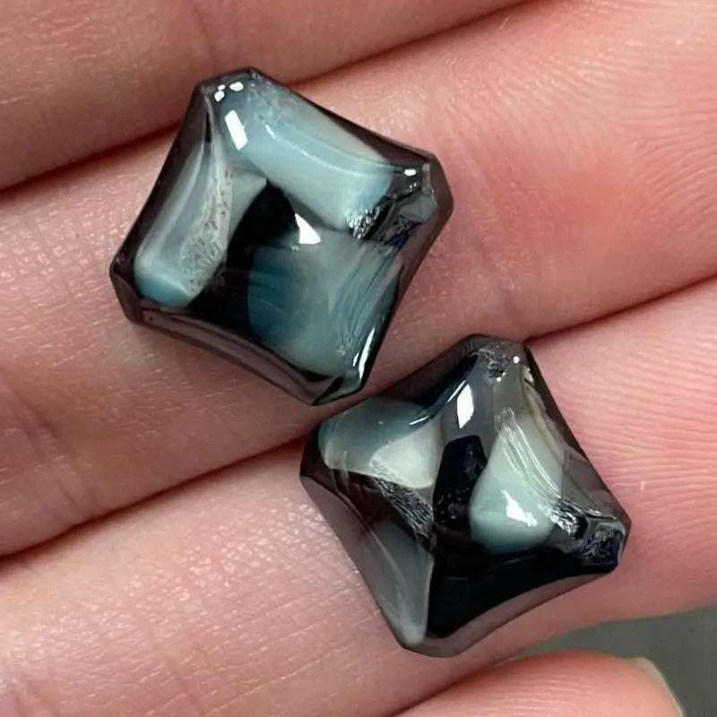 2 Vintage Black Grey Matrix Square Glass Cabochons