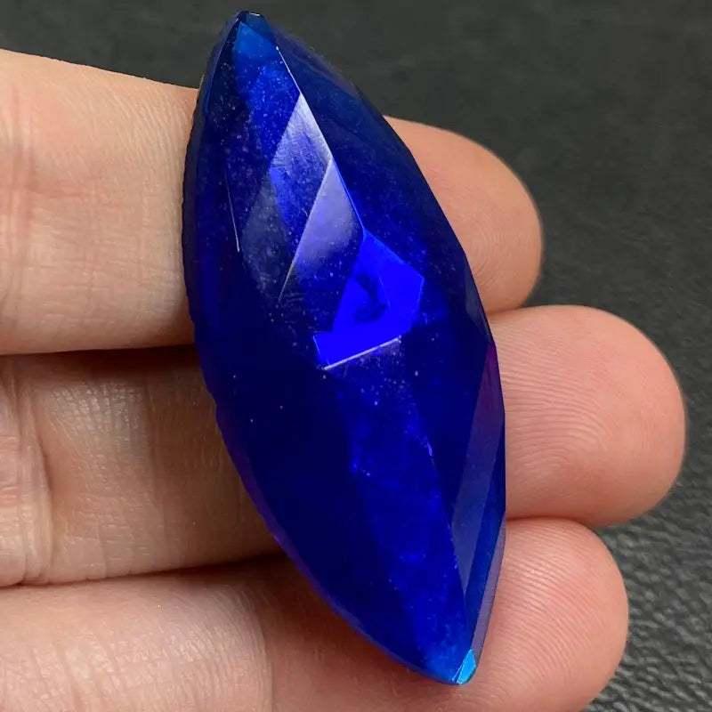 1 Vintage Blue Cobalt Faceted Navette Glass Cabochon