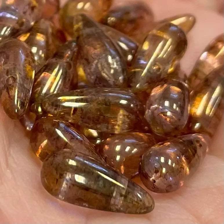 25 Luster Bronze Amethyst Czech Briolette Glass Beads
