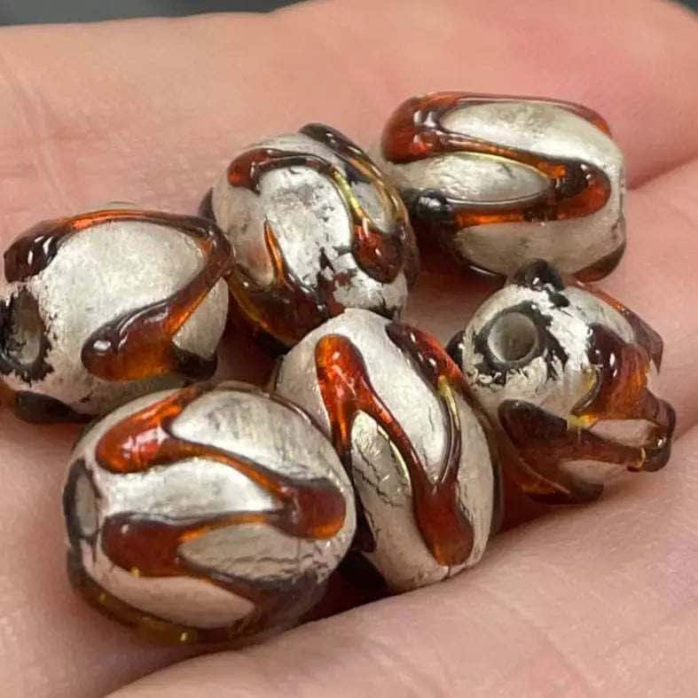 6 Vintage Silver Foil Amber Drizzle Oval Glass Beads