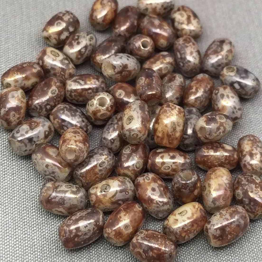 50 Vintage Brown Czech Picasso Oval Glass Beads #9558