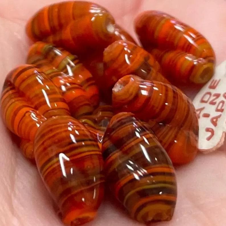 10 Vintage Japan Orange Brown Striped Oval Glass Beads