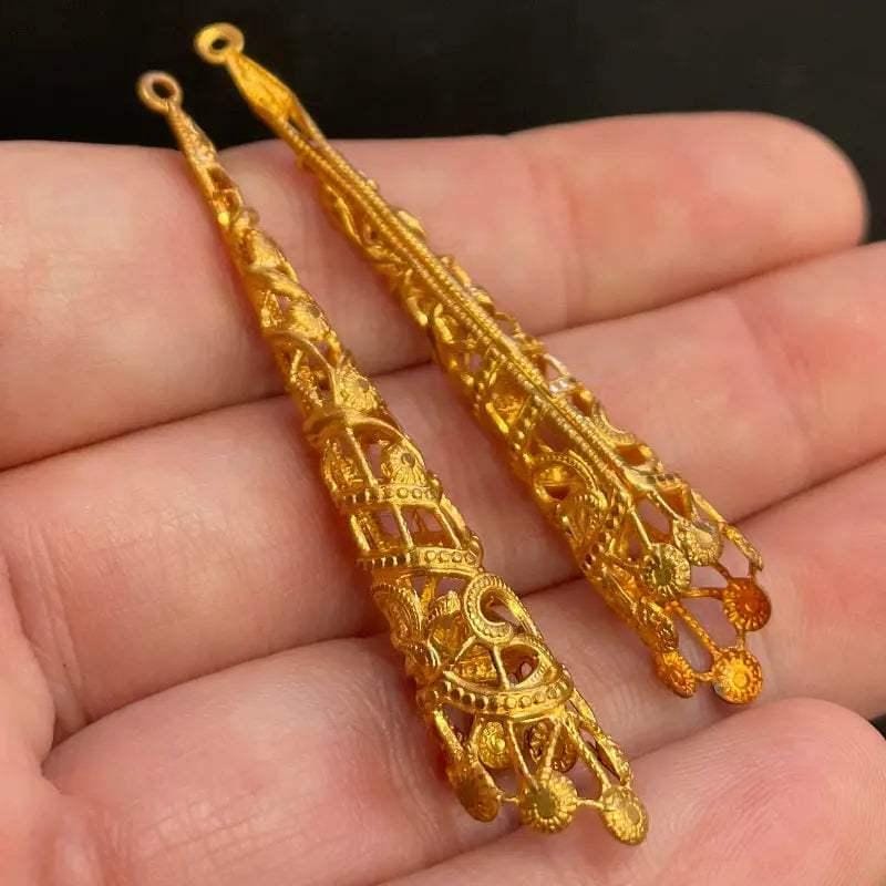 2 Vintage Brass Filigree Cone Metal Pendants