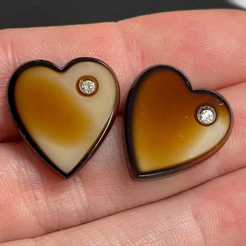 2 Vintage Caramel Brown Heart Rhinestone Glass Cabochons