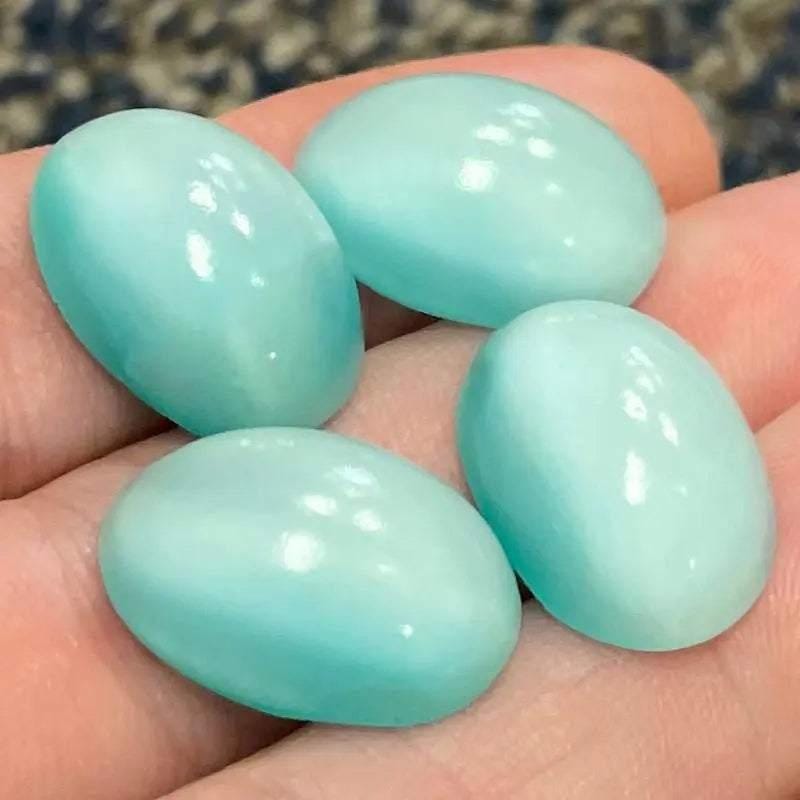 4 Vintage Green Aqua Moonglow Oval Glass Cabochons