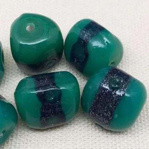 6 Vintage Green Blue Baroque Triangular Glass Beads