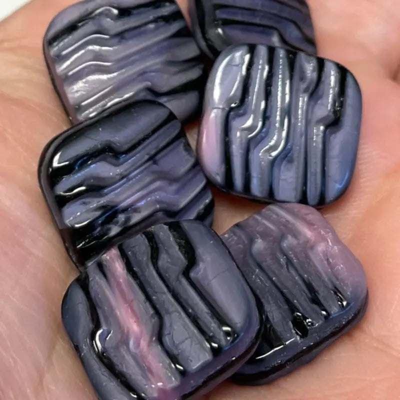 6 Vintage Pink Black German Square Glass Beads