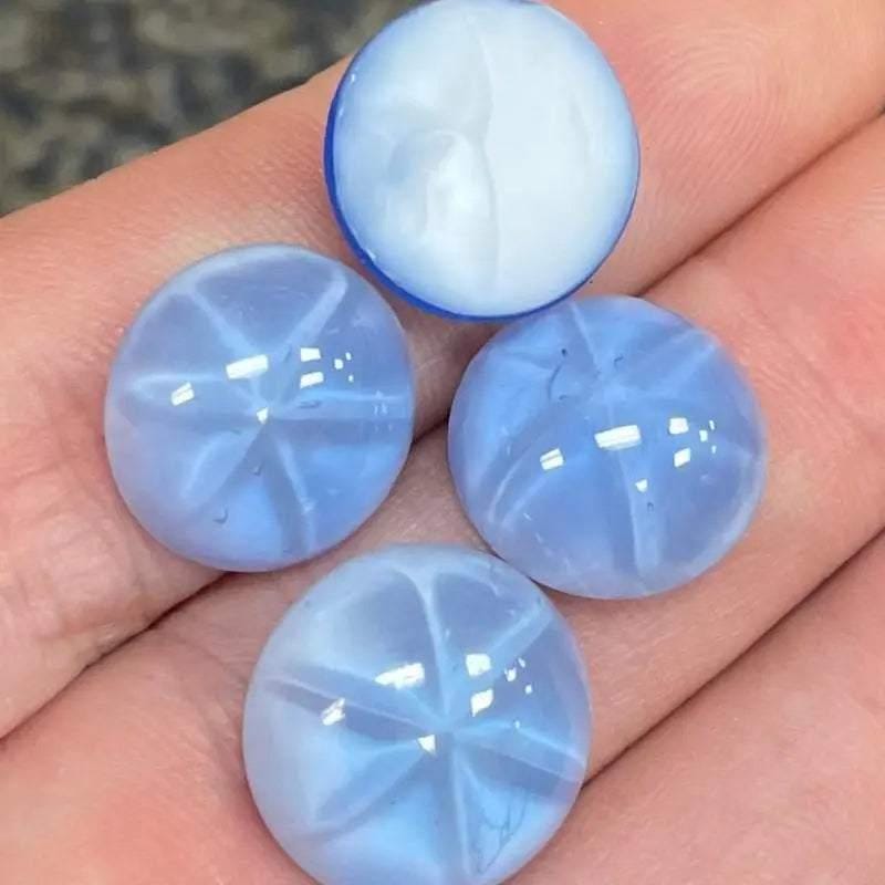 4 Vintage Satin Blue Star Round Glass Cabochons