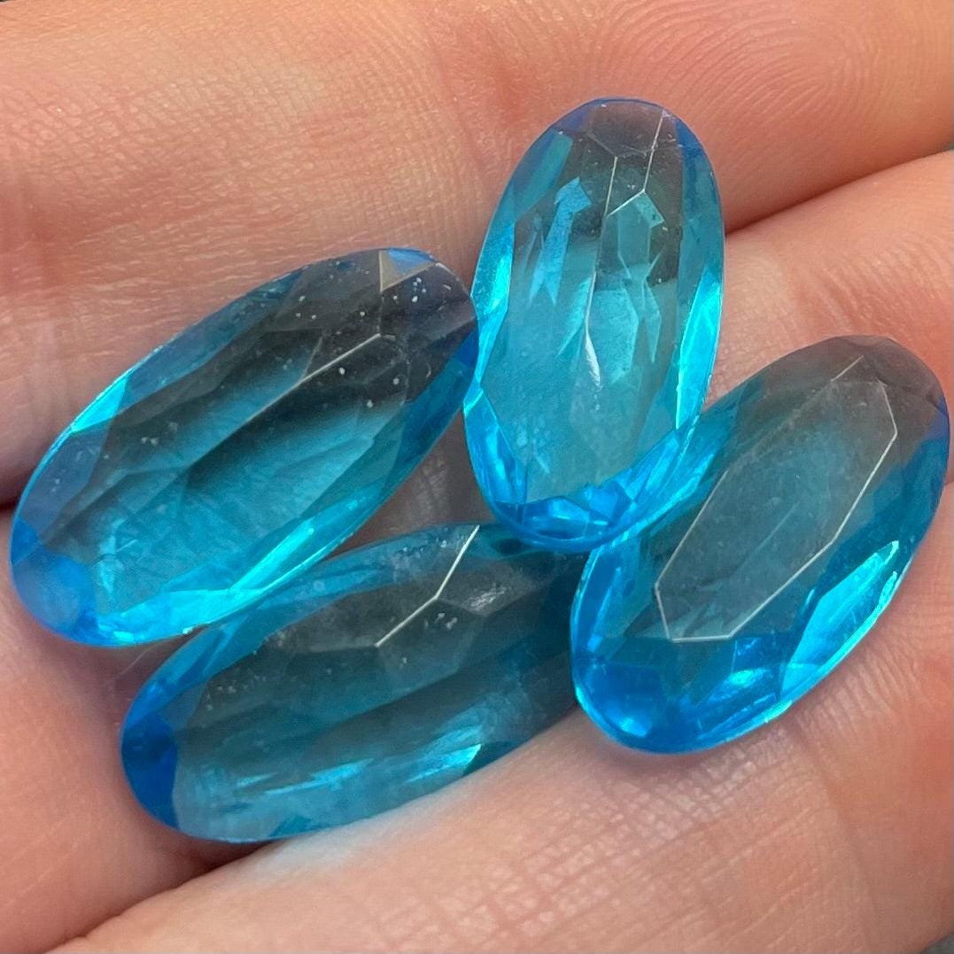 4 Vintage Blue Aqua Dark Faceted Long Oval Glass Stones