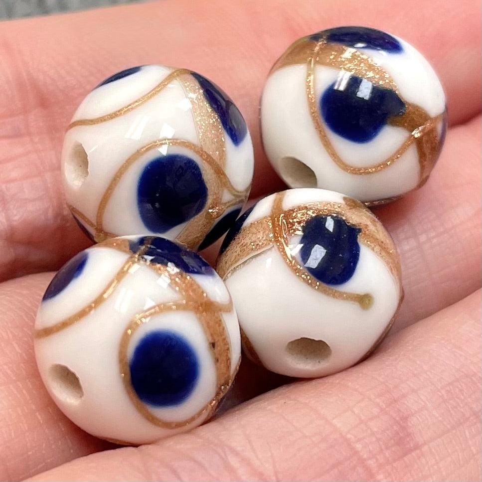 8 Vintage Blue White Japan Round Lampwork Glass Beads