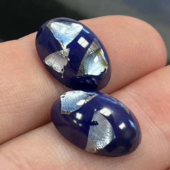 4 Vintage Blue Silver Foil Oval Glass Cabochons